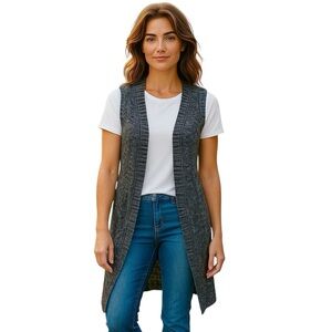 Moral Fiber Cardigan Small‎ Open Front Duster Blue Cream Crochet Lightweight